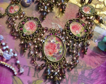 Ornate Victorian Floral Rose Necklace, Mauve Purple Framed Flower Cameo Jewelry, Feminine Beautiful  Glass & Pearls with Chandelier Earrings