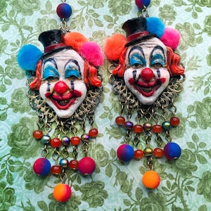 Creepy Clown Earrings with Balloons, Smiling Happy Clown Face Earrings, Halloween Costume Horror Earrings, Neon Joker Twins Earrings