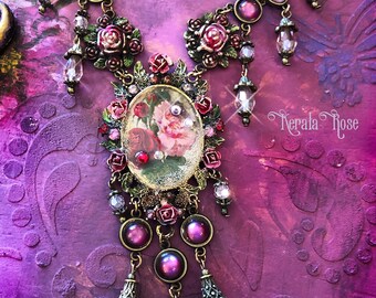 Light Pink Crystal Rose Cameo Necklace, Vintage Floral Long Multi-Layered 3 Piece Necklace and Earring Set, Bronze Metals, Hand-Painted