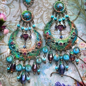 Large Exotic Moroccan Moon Earrings, Turquoise & Purple Boho Filigree Statement Dangles, Green Patina and Silver Options, Gift for Her