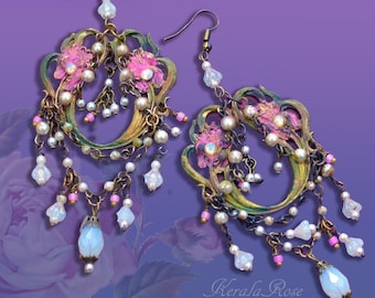 Art Nouveau Antique Pink Iris Floral Chandelier Earrings, Victorian Gypsy Design, Pearl & White Opal, Hand Painted Beaded, Clip-On Option