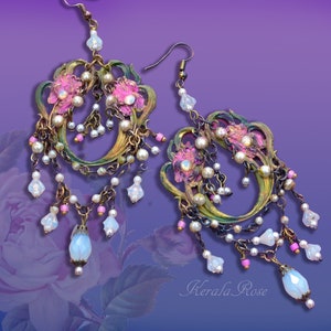 Art Nouveau Antique Pink Iris Floral Chandelier Earrings, Victorian Gypsy Design, Pearl & White Opal, Hand Painted Beaded, Clip-On Option image 1