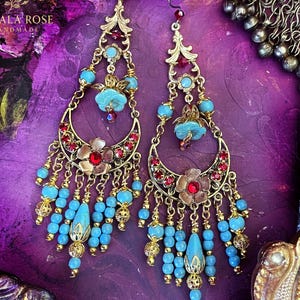 Turquoise Bohemian Chandelier Earrings with Red Accents– Ornate Boho Chic Flower Design, Hippie Style