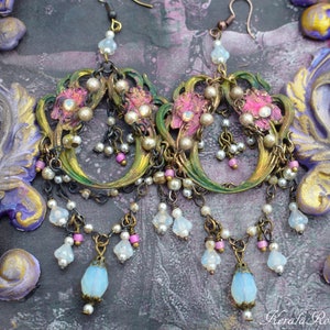 Art Nouveau Antique Pink Iris Floral Chandelier Earrings, Victorian Gypsy Design, Pearl & White Opal, Hand Painted Beaded, Clip-On Option Antiqued/Painted