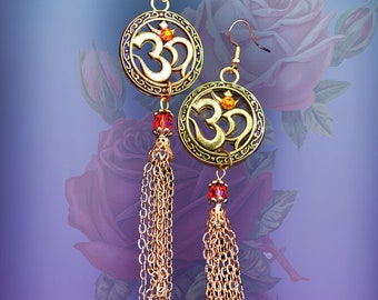 Antique Gold Om Symbol Earrings, Long Dangle Chain Tassel Earrings, Spiritual Jewelry, Hindu, God Realization, Bright Orange, Color Options