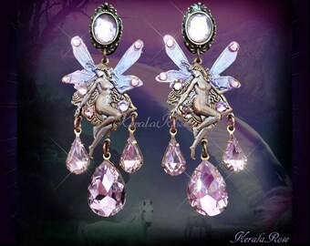 Light Rose Pink Crystal Fantasy Fairy Chandelier Earrings, Titania Fairies, Angels, Pink or Clear Sparkly Rhinestone Jewelry, Clip-On Option