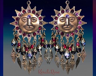 Crystal Sunshine Earrings, Fantasy Suns with Faces Whimsical Bohemian Design, Antique Brass, Ornate Red Purple Rhinestone Decorated Jewelry