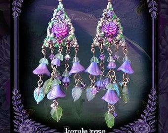 Fairytale Lavender Purple Rose Chandelier Earrings, Fantasy Aurora Borealis, Floral, Violet Flower Dangle Earrings, Periwinkle,Pretty Design