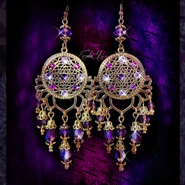 Sacred Geometry Symbol Lotus Chandelier Earrings, Sri Yantra, Bright Gold or Silver, Sparkly Crystal Spiritual Jewelry, Buddhist, Hindu, Om