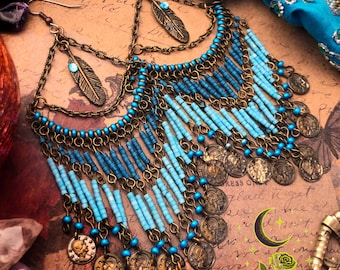 Türkis Perlen Kronleuchter Ohrringe - Boho Feather Coin Ohrhänger