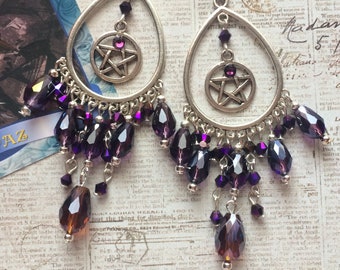 Purple & Topaz Crystal Wiccan Pentagram Star, Peace or Om Symbol Chandelier Earrings, Pentacle Magic, Mystical, Sparkly Bronze or Silver