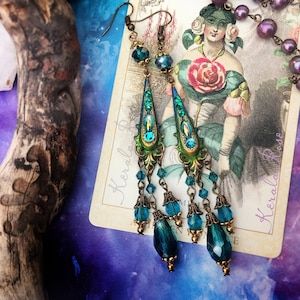 Metallic Lime Green & Teal Drop Chandelier Earrings, Vibrant Peacock Colors, Crystal Victorian Mystical Boho Style, Bronze, Clip-on Option