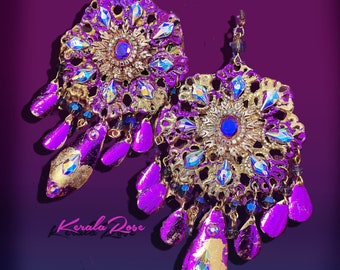 Metallic Neon Purple Fantasy Chandelier Earrings, Sparkly Rhinestone Decorated, Large Exotic Princess Jewelry, Bright 5-D Extravagant!