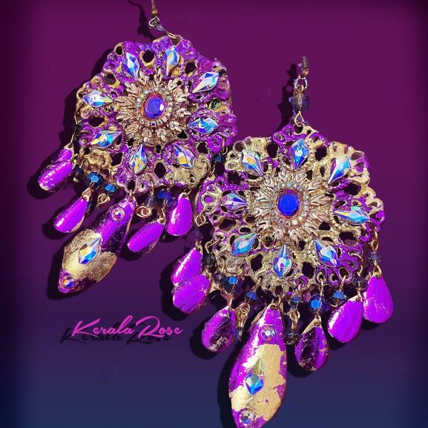 Metallic Neon Purple Fantasy Chandelier Earrings, Sparkly Rhinestone Decorated, Large Exotic Princess Jewelry, Bright 5-D Extravagant!