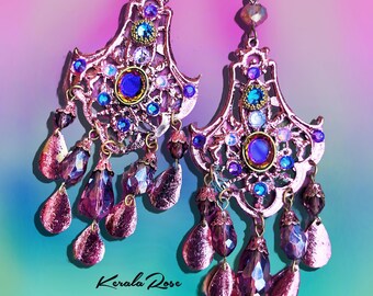 Shiny Metallic Pink Sparkly Chandelier Earrings, Vibrant Fantasy Jewelry, Rhinestone Decorated, Pink Purple, Fairy Princess, Mystical Exotic