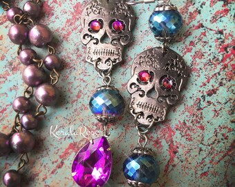 Crystal Skull Earrings, Extra Long Chain Tassel Day of the Dead, Dia de Los Muertos, Purple & Blue, Silver Gunmetal Skeleton, 2 Pairs Left!