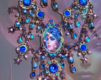 Fantasy Blue Celestial Peacock Girl Necklace & Earring Set, Aqua Crystal Sparkly Stars and Rhinestones, Alien Woman from Space, Magical!