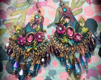 Antique Brass Crystal Filigree Gypsy Chandelier Earrings Blue Green Exotic Bohemian Purple Pearl White Color Options! Neo- Victorian