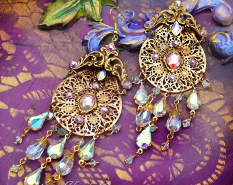 Crystal Aurora Borealis Moroccan Chandelier Earrings, Gold Filigree Earrings, East Indian Exotic Jewelry, Sparkly Rhinestones Rainbow Effect