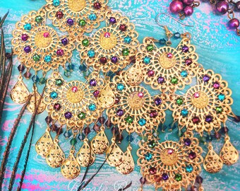 Large Colorful Gold Peacock Chandelier Earrings, Jewel Colors, Antique Brass or Silver Filigree Fan Earrings, Extra Long Sparkly Rhinestone