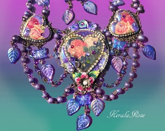 Fantasy Lilac Purple Hearts, Roses & Butterflies Necklace, Victorian Rhinestone Decorated Floral Beaded Necklace, Springtime Beautiful