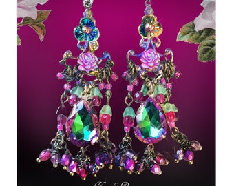 Colorful Holographic Crystal Rose Chandelier Earrings, Aurora Borealis Rainbow Fantasy Dangle Earrings, Mint Green & Pink Floral Jewelry