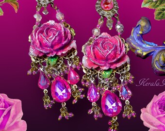 Fuchsia Fairytale Sparkly Rose Chandelier Ohrringe, Crystal Floral Ohrringe, Hot Pink Fantasy Schmuck, Antik Messing, Gold oder Silber, Hübsch