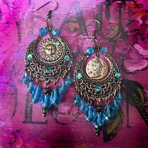 Celestial Sun & Moon Filigree Chandelier Earrings Aqua Blue - Etsy