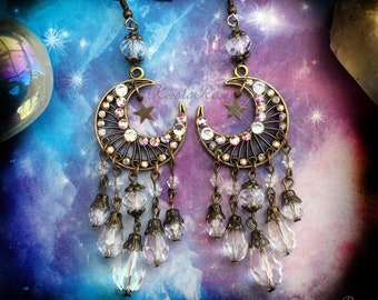 Crystal Celestial Moon Chandelier Earrings, Bronze or Silver Crescent Sparkly Moon Jewelry, Rhinestone Decorated, Aurora Borealis Luna