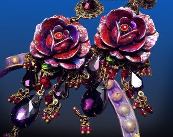 Violet & Red Large Rose Chandelier Earrings, Crystal Floral Earrings, Exotic Hand-Painted Jewelry, Antique Brass, Gold or Silver, Fancy!