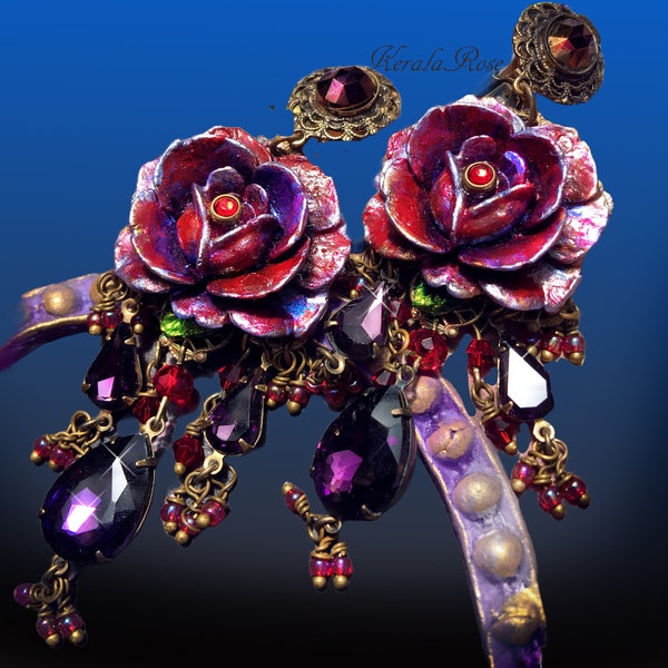 Violet & Red Large Rose Chandelier Earrings, Crystal Floral Earrings, Exotic Hand-Painted Jewelry, Antique Brass, Gold or Silver, Fancy!