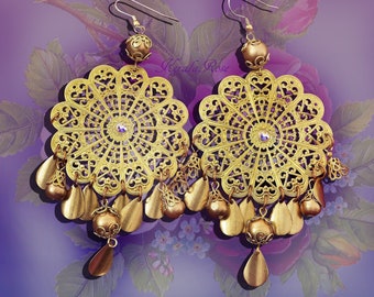 Gold Boho Hippie Filigree Chandelier Earrings, Large Mandala Earrings, Exotic East Indian Hoops, Huge Lacy Floral Bohemian Design w/ Charms