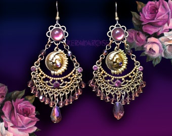 Purple Celestial Chandelier Earrings, Suns and Moons Mystical Jewelry, Whimsical Jewelry, Crystal Boho Style, Clip-On Option