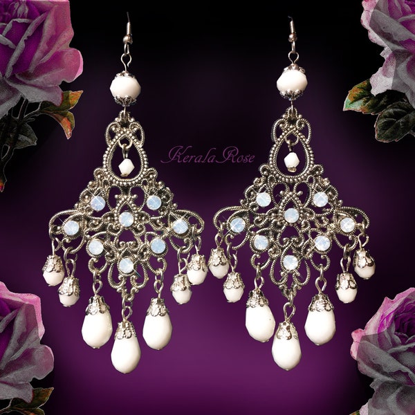 Antique Silver Crystal Rhinestone Chandelier Earrings, Ornate Filigree Victorian Bridal, Fan Shape,Wide Full, White, Purple, Teal