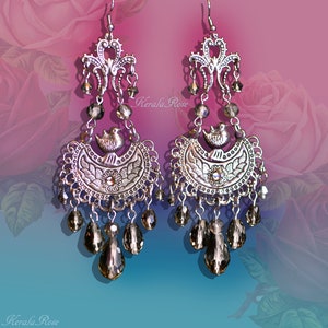 Antique Silver Boho Crystal Chandelier Earrings, Long Tiered Gray, Color Options, Custom, Fleur De Lis Bird and Leaf Design Gray (as pictured)