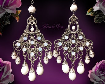 Antique Silver Crystal Rhinestone Chandelier Earrings, Ornate Filigree Victorian Bridal, Fan Shape,Wide Full, White, Purple, Teal