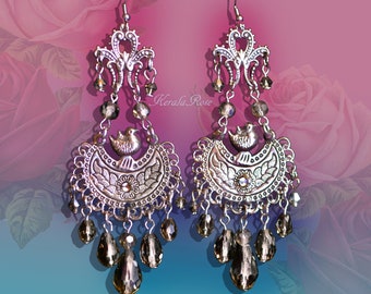 Antique Silver Boho Crystal Chandelier Earrings, Long Tiered Gray, Color Options, Custom, Fleur De Lis Bird and Leaf Design