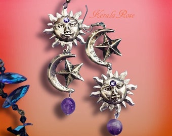 Celestial Sun, Moon & Stars Amethyst Gemstone Earrings, Purple, Spiritual Crown Chakra, Hippie, Wiccan, Mystical Jewelry, Antique Brass
