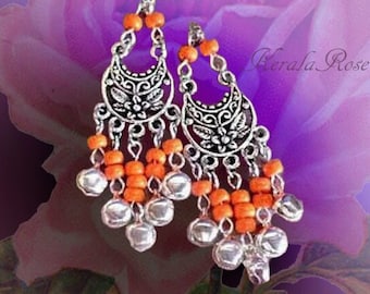 Small BellyDancer Chandelier Earrings, Romani Silver or Gold, Orange, Blue, Black, Yellow, Color Choices, Post or Clip-On, Clip-on Option