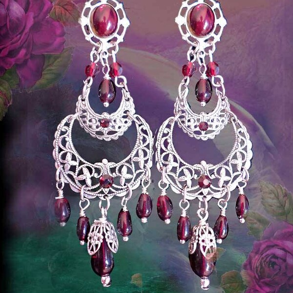 Garnet Red Glass Filigree Chandelier Earrings, Tiered Crescent Gypsy Moons, 2 1/2" Bronze or Silver, Burgundy Red, Clip-on Option