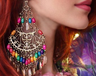 Wide Filigree Earrings with Wood Beads and Brass Teardrop Charms, Boho Statement Chandelier Style, Exotic Ethnic Jewelry, Color Choices!