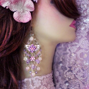 Fantasy Purple & Pink Flower Chandelier Earrings, Crystal Floral Bridal, Lavender Fantasy Swarovski Sparkly Aurora Borealis, Antique Violet