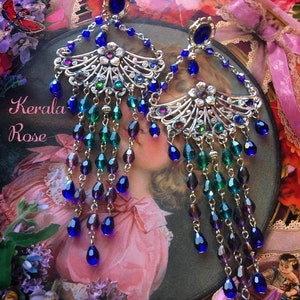 Colorful Ombre Fantasy Peacock Chandelier Earrings, Purple, Blue, Emerald, Antique Brass or Silver Fan Earrings, Extra Long Sparkly Crystal