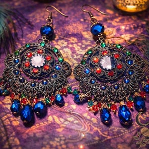 Bronze Filigree Chandelier Earrings – Metallic Blue & Orange Crystals, Colorful Exotic Goddess Jewelry, Magical Fantasy Bollywood Style