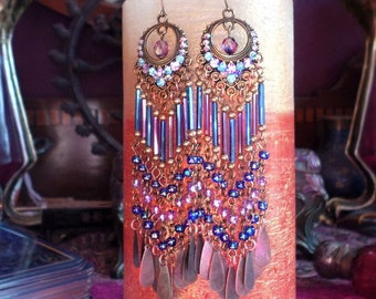 Long Boho Chandelier Earrings with Blue & Purple Glass Beads and Rhinestones, Bronze Metal Charm Hippie Earrings, Cowgirl Glam Jewelry