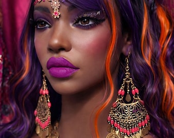 Wide Filigree Statement Earrings with Wood Beads and Brass Teardrop Charms, Boho Chandelier Style, Exotic Ethnic Design, Color Choices!