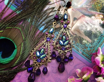 Purple & Green Mystical Dangle Chandelier Earrings, Renaissance Peacock Colors, Crystal Boho Victorian, Silver or Bronze, Clip-on Option