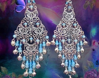 Silver Hippie Belly Dance Chandelier Earrings, 4 1/2" Long Tiered Silver or Gold Earrings, Turquoise Blue, Pink, Green, Black, Options!