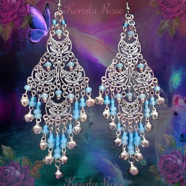 Silver Hippie Belly Dance Chandelier Earrings, 4 1/2" Long Tiered Silver or Gold Earrings, Turquoise Blue, Pink, Green, Black, Options!