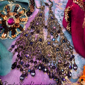Long Filigree Chandelier Earrings with Crystal Beads & Rhinestones, Sparkly Boho-Chic Earrings in Gold, Silver or Bronze, Color Options!
